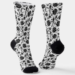 Schwarz-weißes vintage Blumen-Damaskusmuster Socken