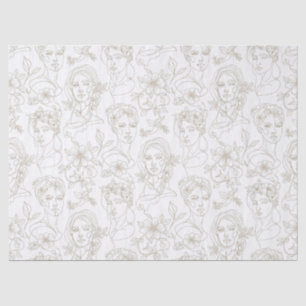 Schwarz-weißes Vintage-Blumen-Gesichtslinienmuster Seidenpapier