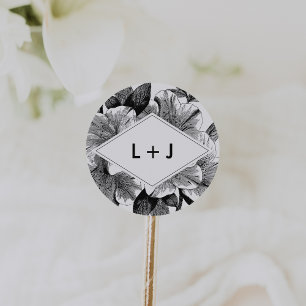 Schwarz-weißes Vintage-Blumen-Hochzeitsmonogramm Runder Aufkleber