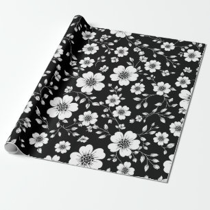 Schwarz-weißes vintage-blumen nahtloses Muster (1) Geschenkpapier