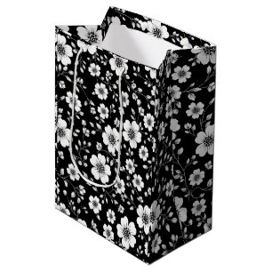 Schwarz-weißes vintage-blumen nahtloses Muster (1) Mittlere Geschenktüte