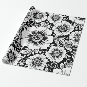 Schwarz-weißes vintage-blumen nahtloses Muster (2) Geschenkpapier