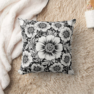 Schwarz-weißes vintage-blumen nahtloses Muster (2) Kissen