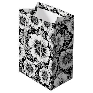 Schwarz-weißes vintage-blumen nahtloses Muster (2) Mittlere Geschenktüte