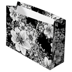 Schwarz-weißes vintage-blumen nahtloses Muster (3) Große Geschenktüte