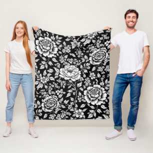 Schwarz-weißes vintage-blumen nahtloses Muster (5) Fleecedecke
