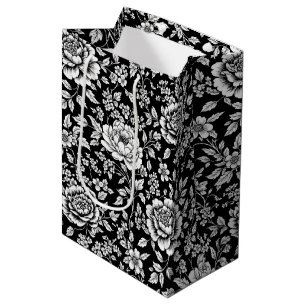 Schwarz-weißes vintage-blumen nahtloses Muster (5) Mittlere Geschenktüte