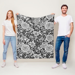 Schwarz-weißes vintage-blumen nahtloses Muster (6) Fleecedecke