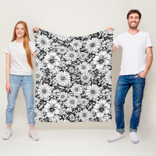 Schwarz-weißes vintage-blumen nahtloses Muster (7) Fleecedecke