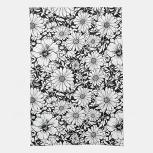 Schwarz-weißes vintage-blumen nahtloses Muster (7) Geschirrtuch