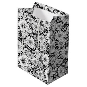 Schwarz-weißes vintage-blumen nahtloses Muster (7) Mittlere Geschenktüte
