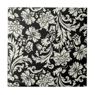 Schwarz-weißes vintage-blumiges Damastmuster Fliese