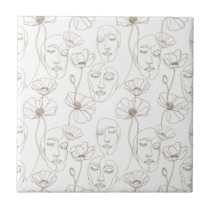 Schwarz-weißes vintage-blumiges Gesichtslinienmust Fliese