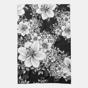 Schwarz-weißes vintage-blumiges nahtloses Muster ( Geschirrtuch