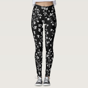 Schwarz-weißes vintage-blumiges nahtloses Muster ( Leggings