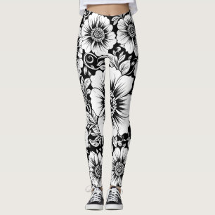 Schwarz-weißes vintage-blumiges nahtloses Muster ( Leggings