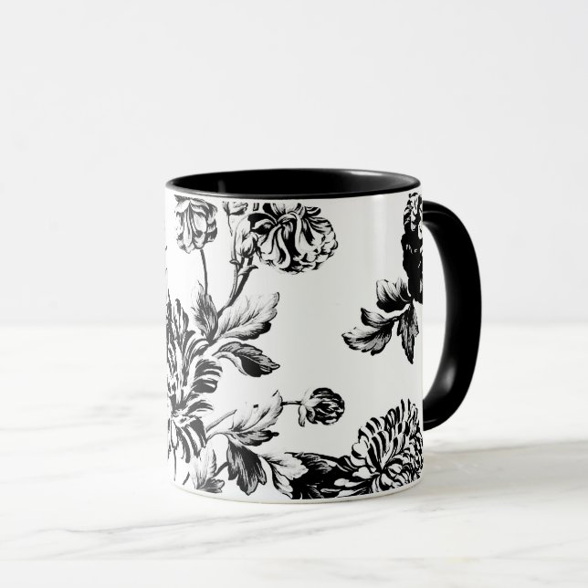 Schwarz-weißes Vintages botanisches BlumenToile Tasse (VorderseiteRechts)