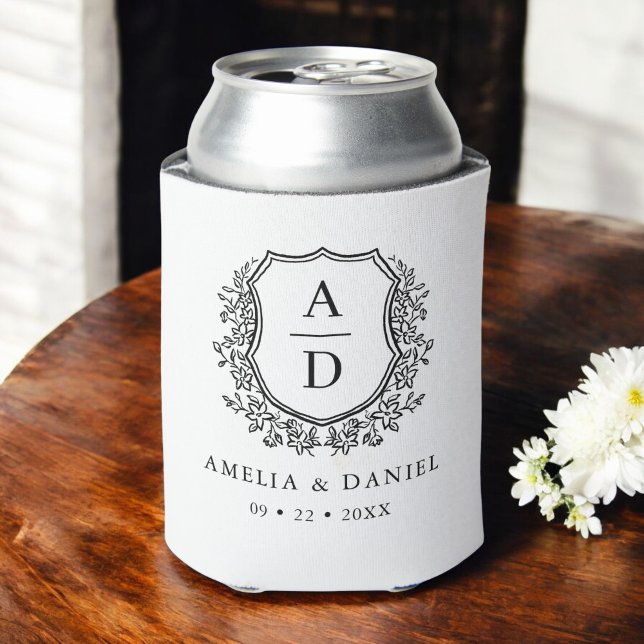 Schwarz-weißes Wappen Moderne Monogramm Hochzeit Dosenkühler (Von Creator hochgeladen)