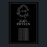 Schwarz-weißes Wappen Monogram Wedding Tischnummer<br><div class="desc">Erschaffen Sie den perfekten Empfang! Wir lieben diese Schwarz-weiße Mongram Leafy Wappen Wedding Tischnummer! Es ist einfach, elegant und so hübsch, mit einem handgezeichneten, grünen Kranz umgeben von einem modernen Hochzeitsmonogramm. Es ist in eleganter Typografie personalisiert und mit handgeschriebener Kalligrafie akzentuiert. Schließlich ist es in einem zarten Rahmen bestickt. In...</div>