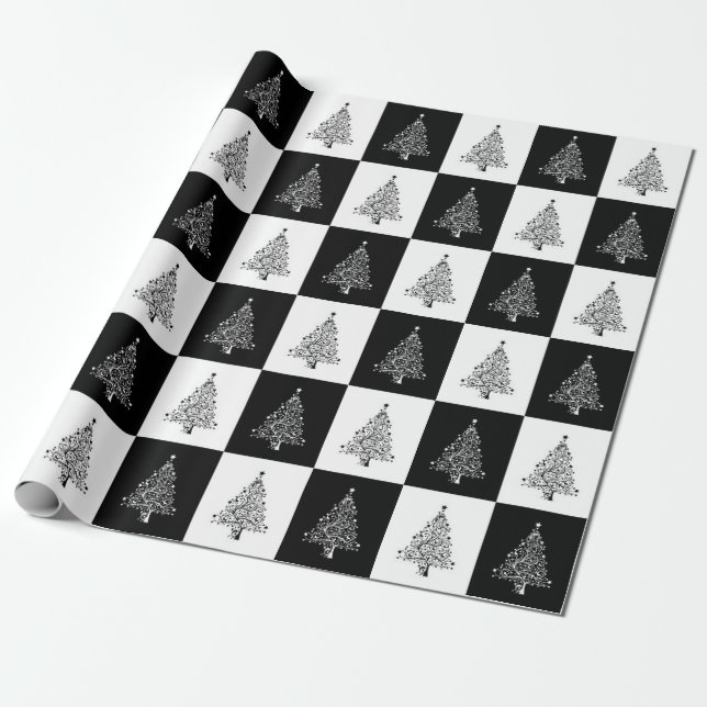 Schwarz-weißes Weihnachtsbaum-Muster elegant Geschenkpapier (Ungerollt)