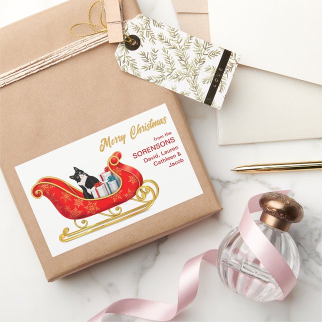 Schwarz-weißes Weihnachtsgeschenk für Katzen Sleig Rechteckiger Aufkleber (Schenken)