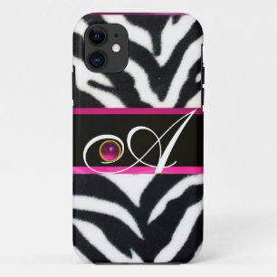 SCHWARZ-WEISSES ZEBRA FUR FUCHSIA PINK GEM MONOGRA iPhone 11 HÜLLE