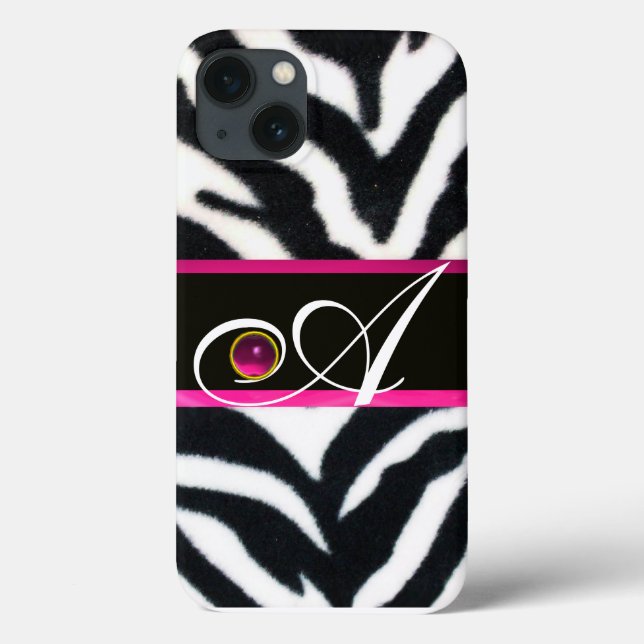 SCHWARZ-WEISSES ZEBRA FUR FUCHSIA PINK GEM MONOGRA Case-Mate iPhone HÜLLE (Rückseite)