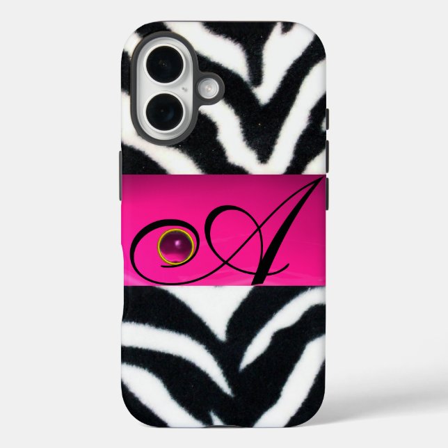 SCHWARZ-WEISSES ZEBRA FUR FUCHSIA PINK GEM MONOGRA Case-Mate iPhone HÜLLE (Rückseite)