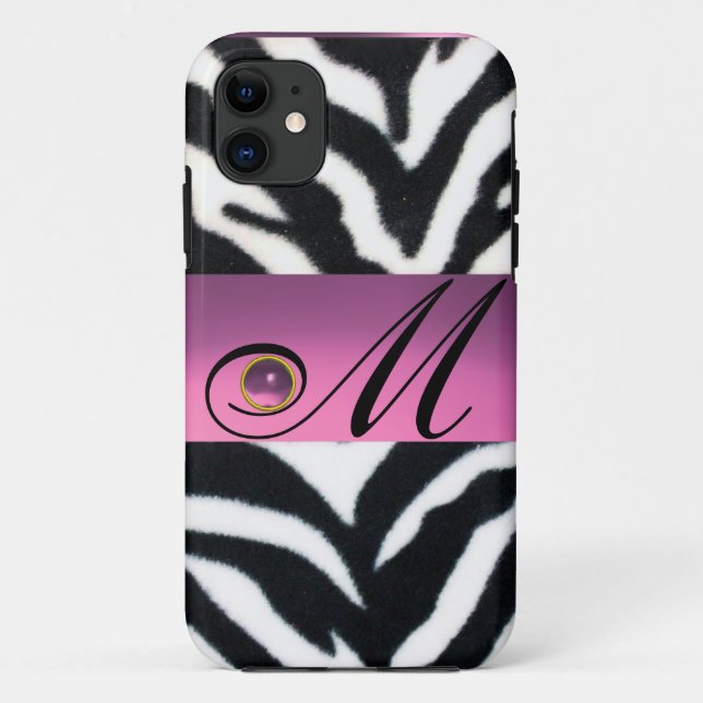 SCHWARZ-WEISSES ZEBRA FUR PINK LILAC GEM MONOGRAM, Case-Mate iPhone HÜLLE (Rückseite)
