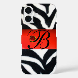 SCHWARZ-WEISSES ZEBRA FUR RED GEM MONOGRAM, iPhone 16 HÜLLE