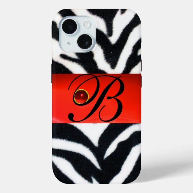 SCHWARZ-WEISSES ZEBRA FUR RED GEM MONOGRAM, Case-Mate iPhone HÜLLE (Rückseite)