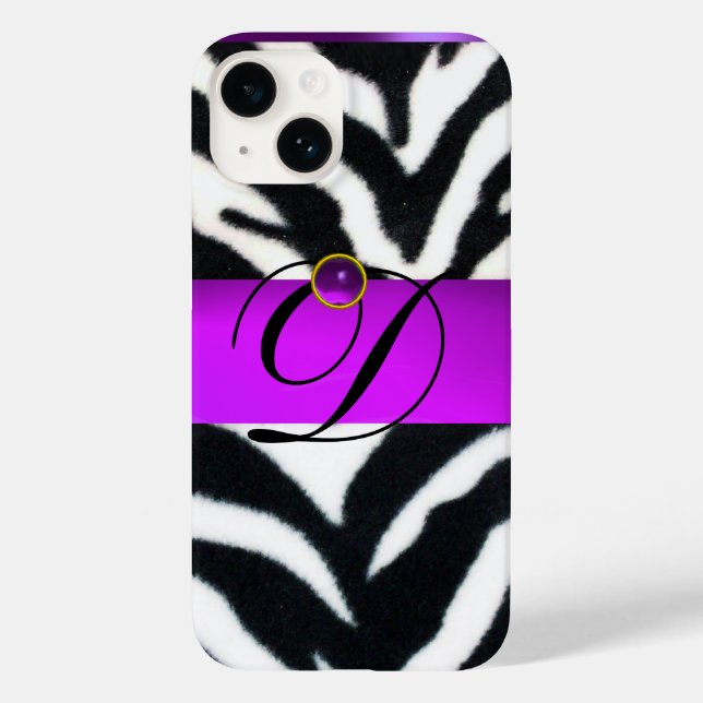 SCHWARZ-WEISSES ZEBRA FUR VIOLET LILA GEM MONOGRAM Case-Mate iPhone HÜLLE (Rückseite)
