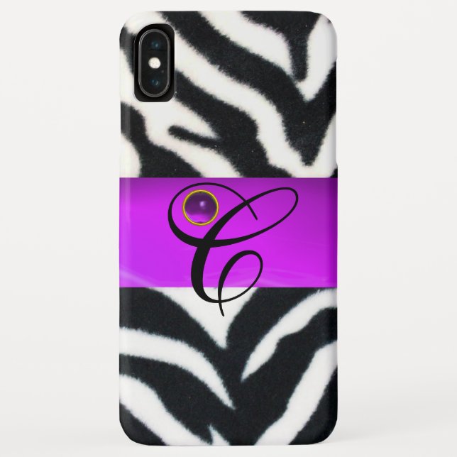 SCHWARZ-WEISSES ZEBRA FUR VIOLET LILA GEM MONOGRAM Case-Mate iPhone HÜLLE (Rückseite)