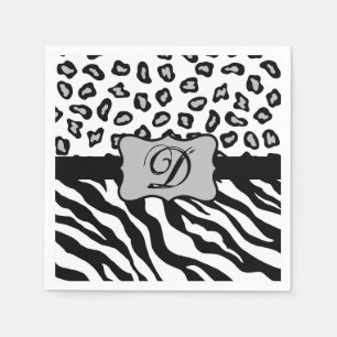Schwarz-weißes Zebra-Leopard-Haut-Monogramm Serviette
