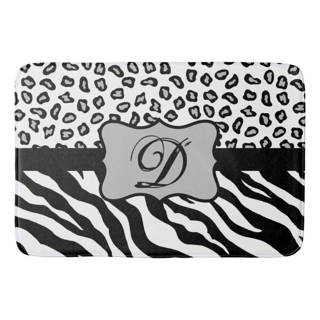 Schwarz-weißes Zebra Leopard-Monogramm Badematte (Vorderseite)