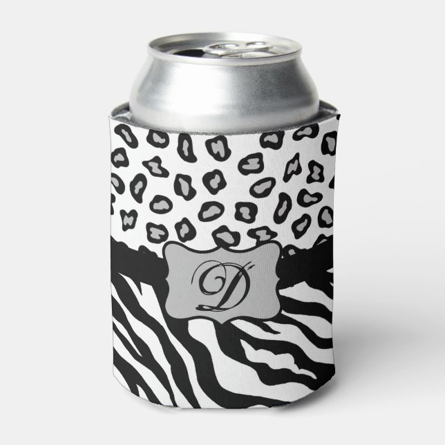 Schwarz-weißes Zebra Leopard-Monogramm Dosenkühler (Kanne Vorderseite)