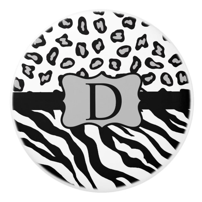 Schwarz-weißes Zebra Leopard-Monogramm Keramikknauf (Vorderseite)