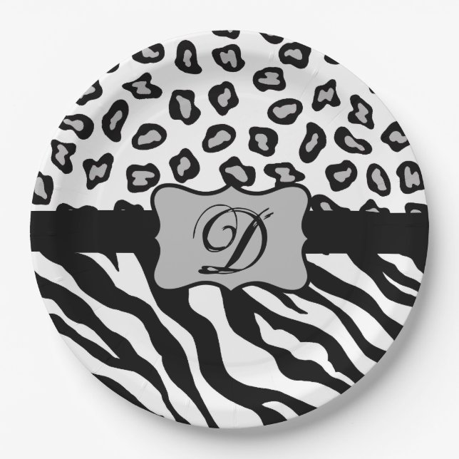 Schwarz-weißes Zebra Leopard-Monogramm Pappteller (Vorderseite)