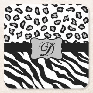Schwarz-weißes Zebra Leopard-Monogramm Rechteckiger Pappuntersetzer