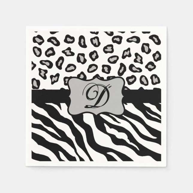 Schwarz-weißes Zebra Leopard-Monogramm Serviette (Vorderseite)