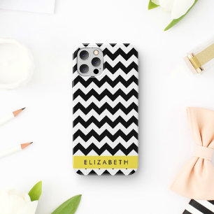 Schwarz-weißes Zickzack-, Chevron-Muster, Ihr Name iPhone 16 Hülle