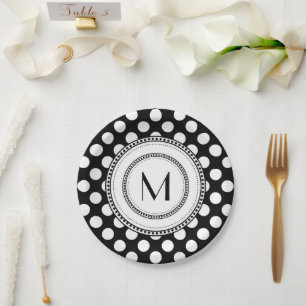Schwarz   White Big Polka Dots Monogram Pappteller
