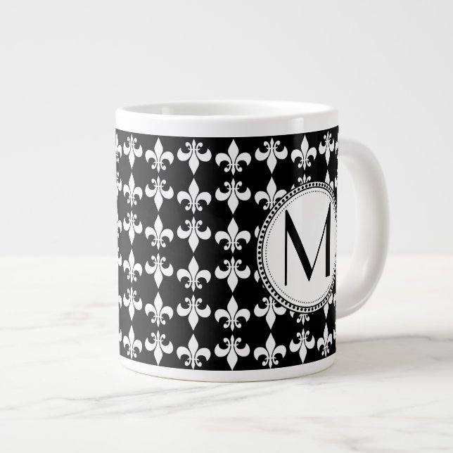 Schwarz | White Lilie Monogram Pattern Jumbo-Tasse (Vorderseite Rechts)