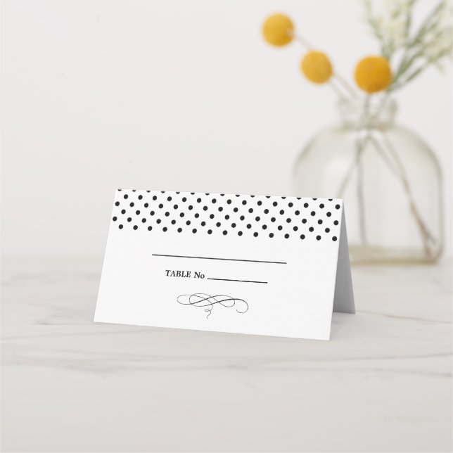 Schwarz | White Polka Dot Wedding Table Platzkarte (Vorderseite)