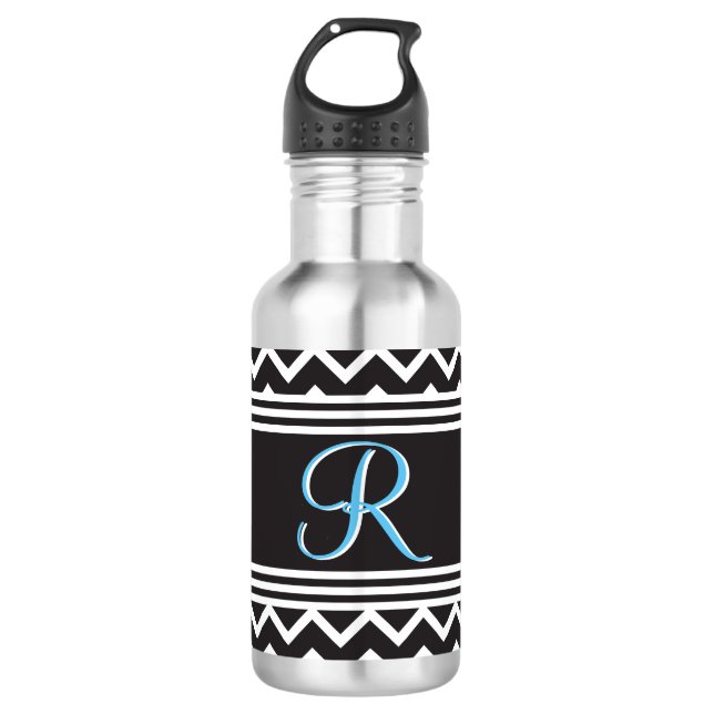 Schwarz | White Zickzack Gothic Zigzag Monogram Edelstahlflasche (Vorderseite)