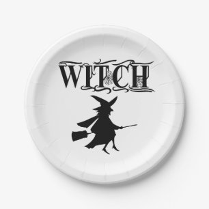 Schwarz-Wicked-Flying-Hexe Halloween Pappteller