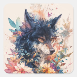 Schwarz Wolfporträt mit Herbstlaub Quadratischer Aufkleber