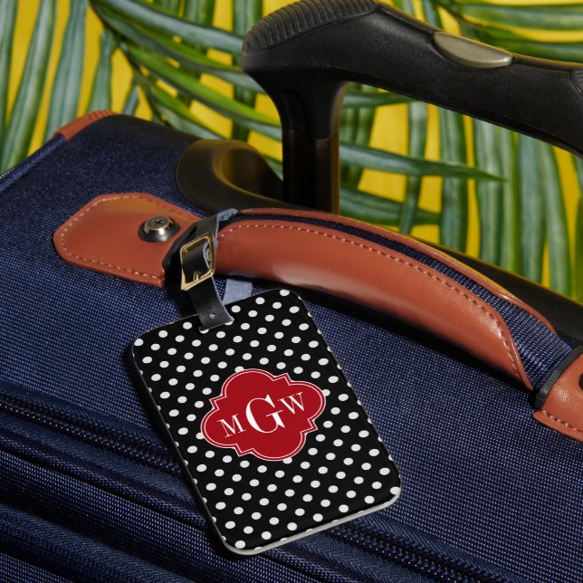 Schwarz Wt Polka Dot Cranberry Quatrefolie 3 Monog Gepäckanhänger (Vorderseite Insitu 1)
