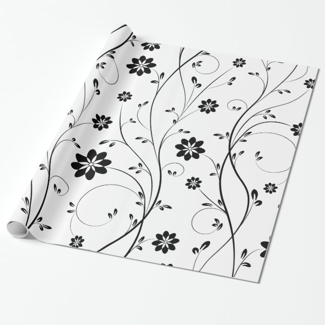 Schwarz-zartes Blume-Muster Geschenkpapier (Ungerollt)