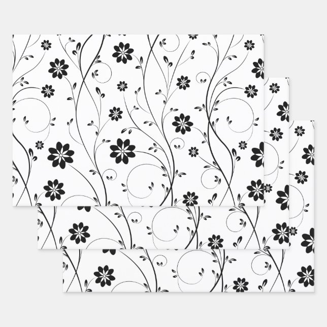 Schwarz-zartes Blume-Muster Geschenkpapier Set (Set)